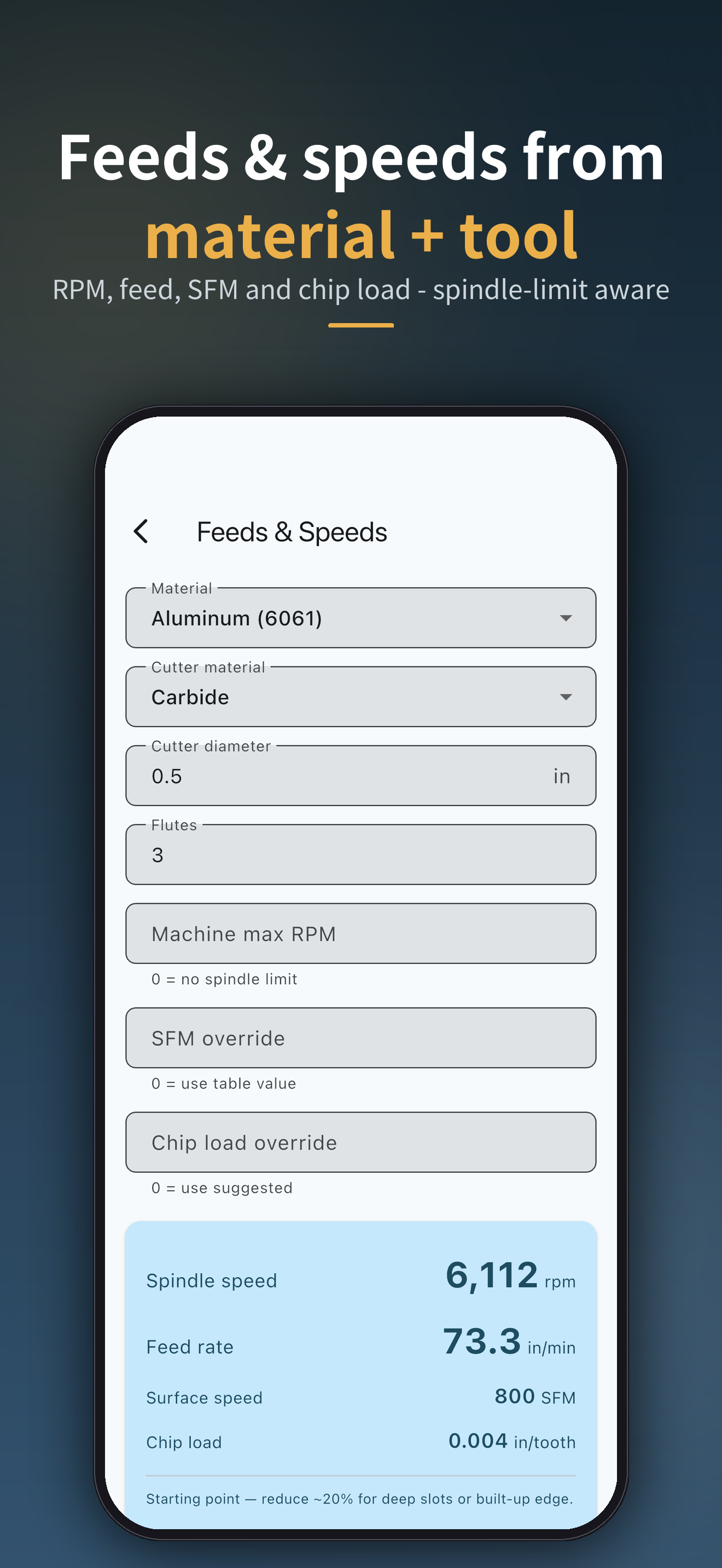 Feeds & speeds from material and tool — RPM, feed, SFM and chip load, spindle-limit aware