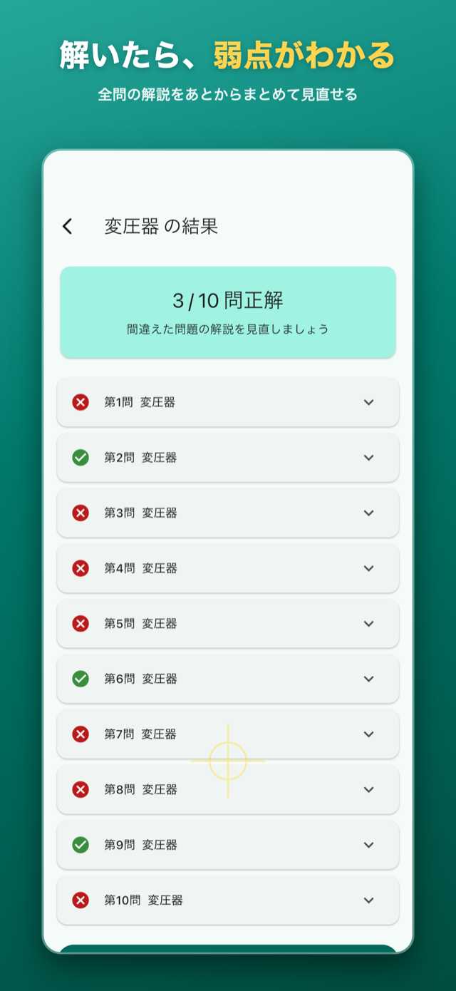 解いたら、弱点がわかる — 全問の解説をあとからまとめて見直せる