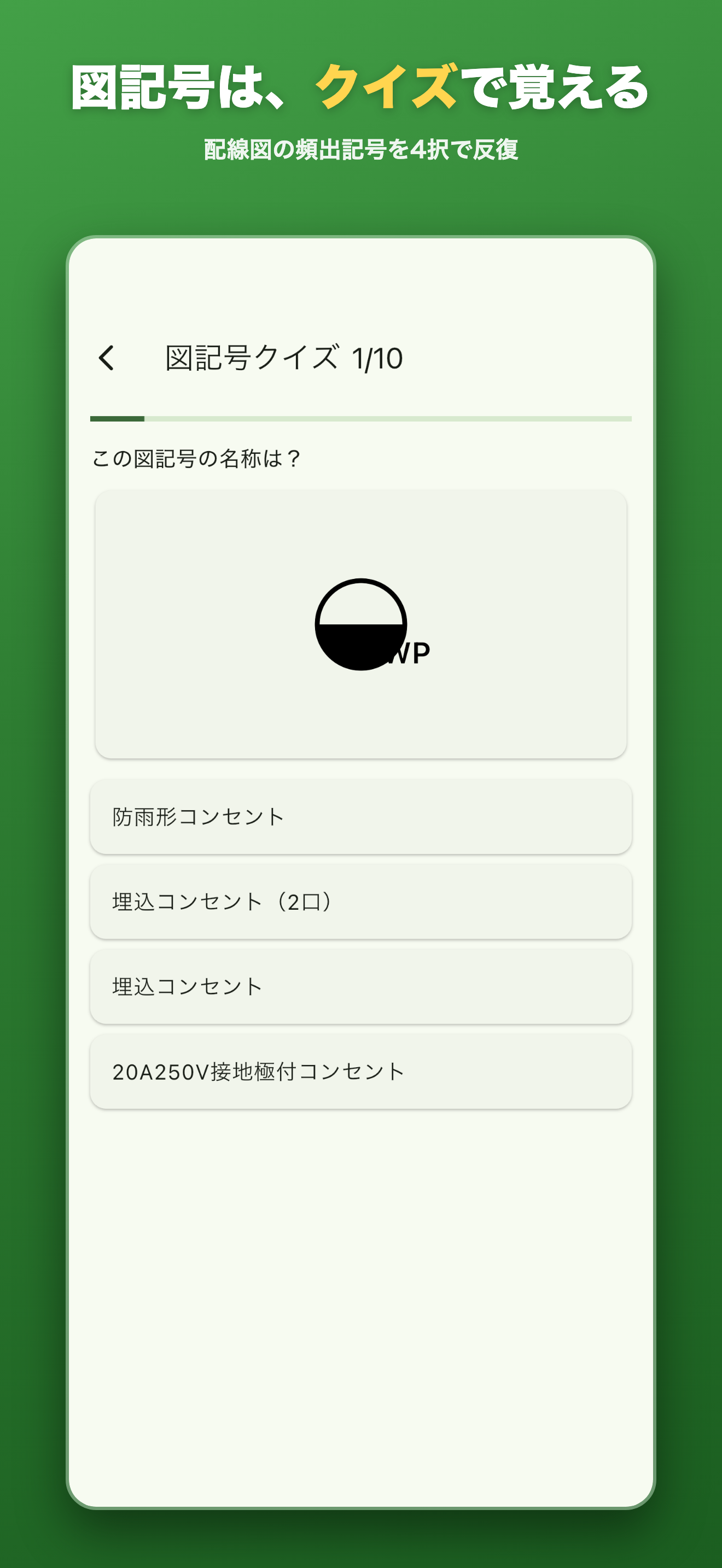 図記号は、クイズで覚える — 配線図の頻出記号を4択で反復