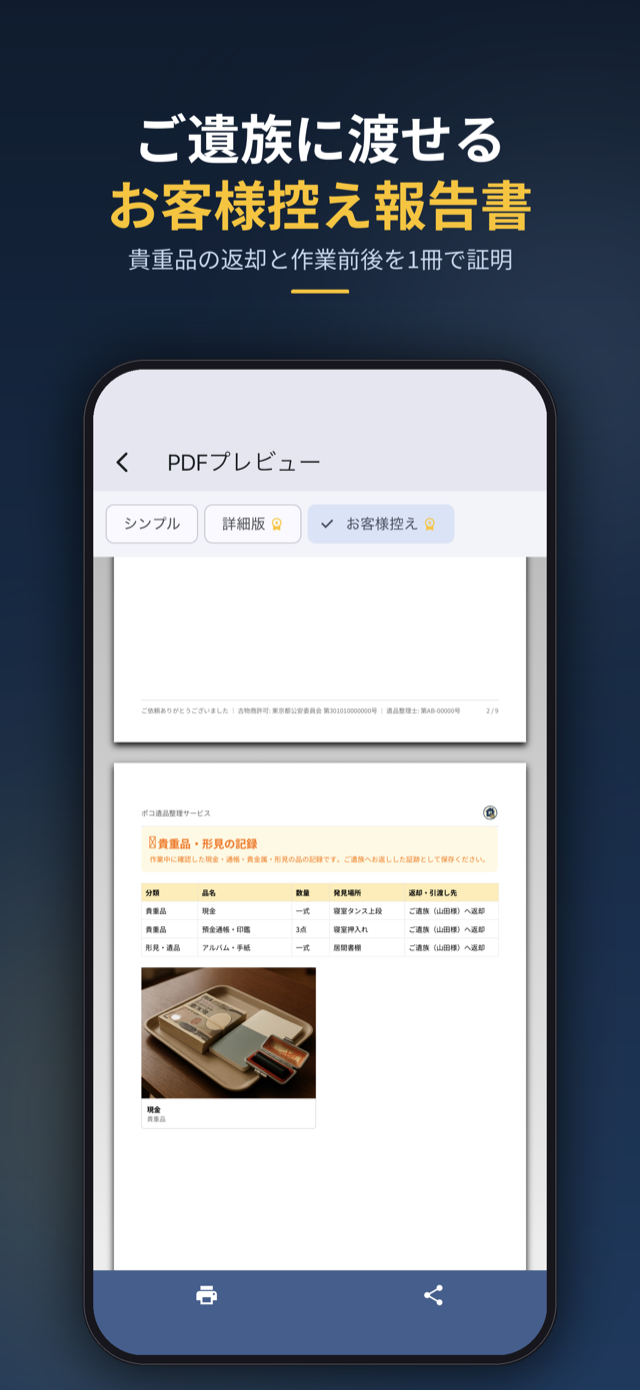 ご遺族に渡せるお客様控え報告書。貴重品の返却と作業前後を1冊で証明