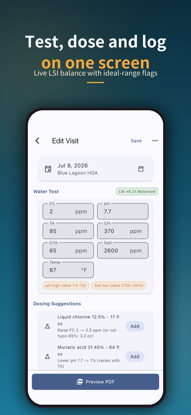 Test, dose and log on one screen — live LSI balance with ideal-range flags