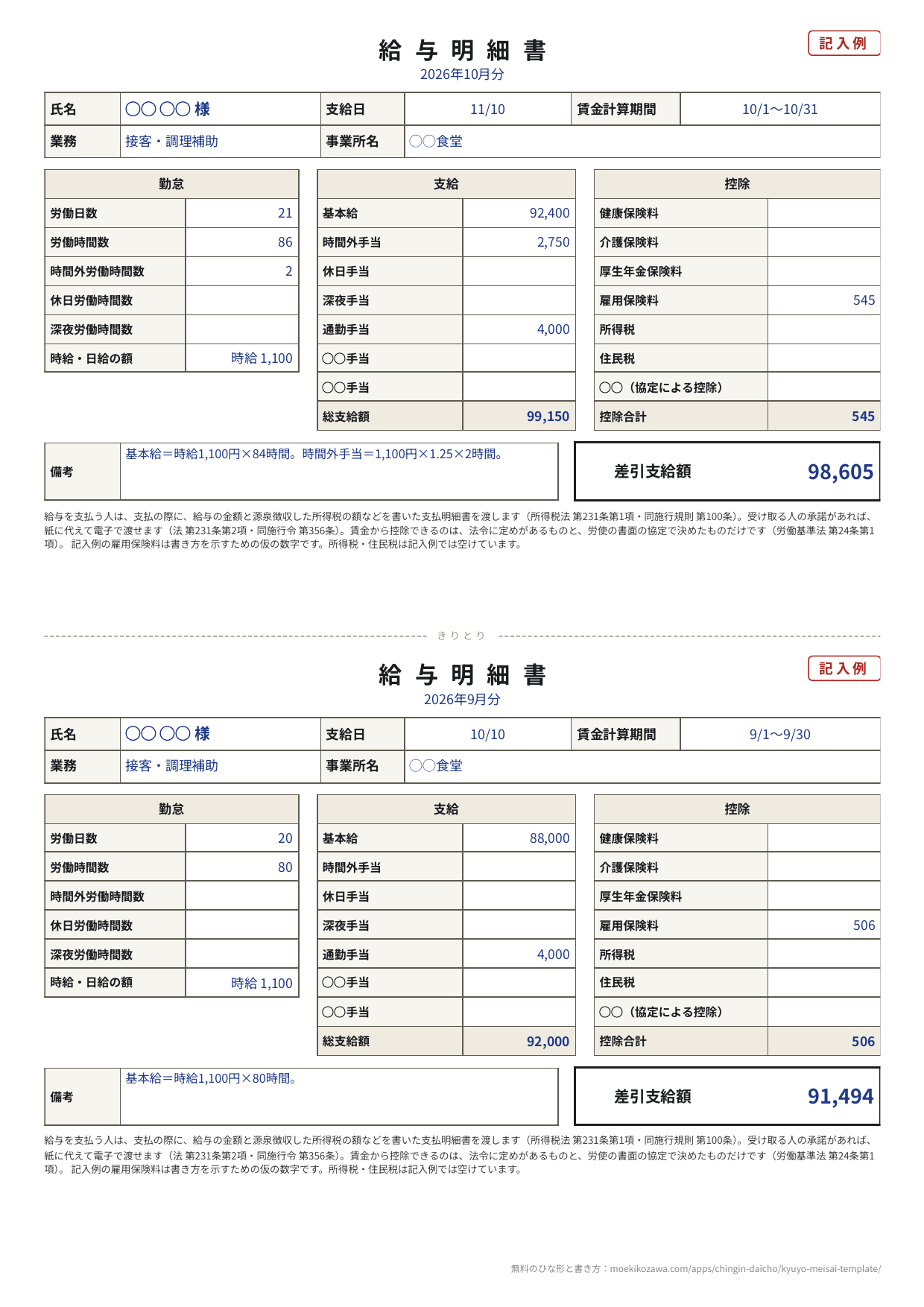 給与明細の記入例。A4に10月分と9月分の2枚が切り取り線をはさんで並ぶ。各枚に氏名・支給日・賃金計算期間・業務・事業所名、勤怠（労働日数・労働時間数・時間外労働時間数ほか）、支給（基本給・時間外手当・通勤手当ほか・総支給額）、控除（健康保険料・雇用保険料・所得税・住民税ほか・控除合計）、備考と差引支給額の欄がある