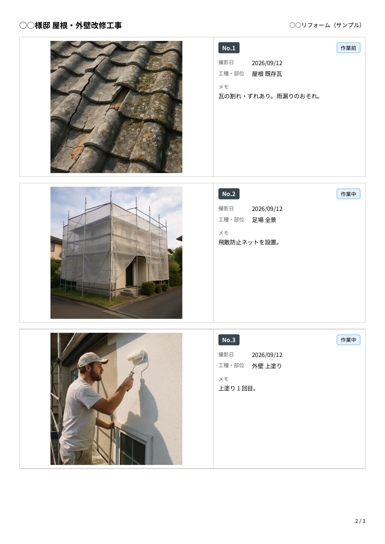 工事写真台帳のPDFの見本。1ページに写真3枚が横罫で区切られ、右側にNo.1〜3・撮影日・工種と部位・メモの欄が並ぶ