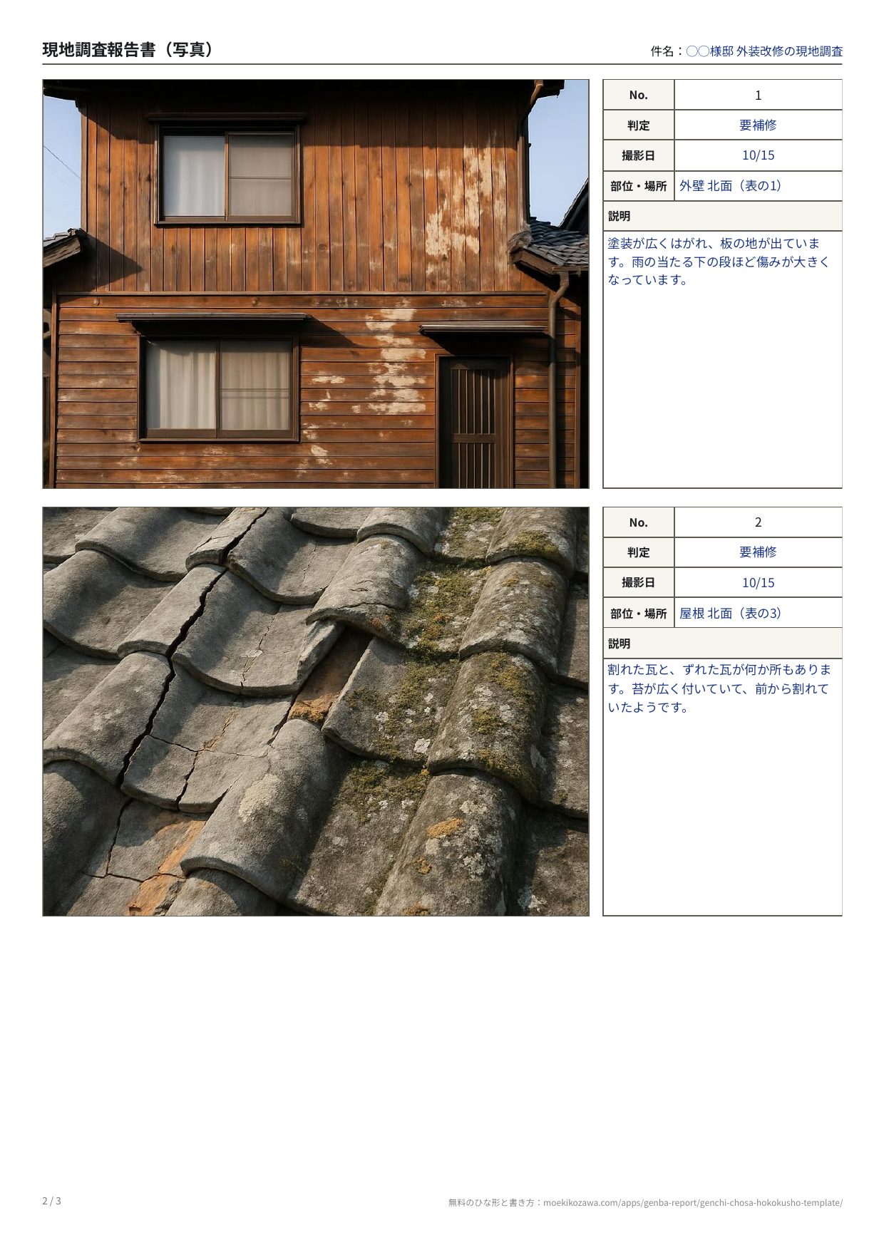 現地調査報告書の記入例の写真のページ。左に写真、右にNo.・判定・撮影日・部位と場所・説明の欄が並ぶ枠が縦に2つ。上は塗装がはがれた板張りの外壁の全景に「要補修」、下は割れて苔の付いた瓦の写真に「要補修」と書いてある
