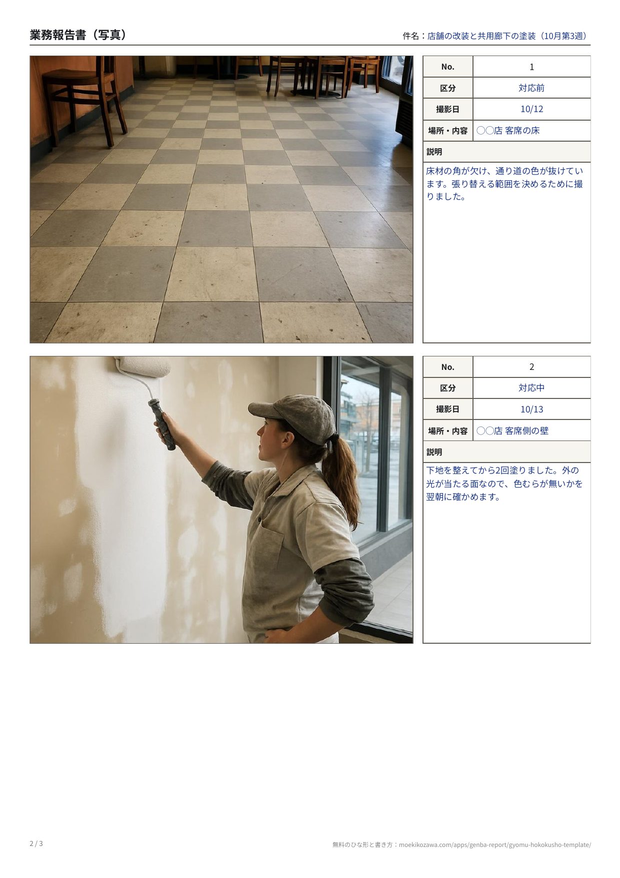 業務報告書の記入例の写真のページ。左に写真、右にNo.・区分・撮影日・場所と内容・説明の欄が並ぶ枠が縦に2つ。上は角の欠けた床材の写真に「対応前」、下は壁をローラーで塗っている写真に「対応中」と書いてある