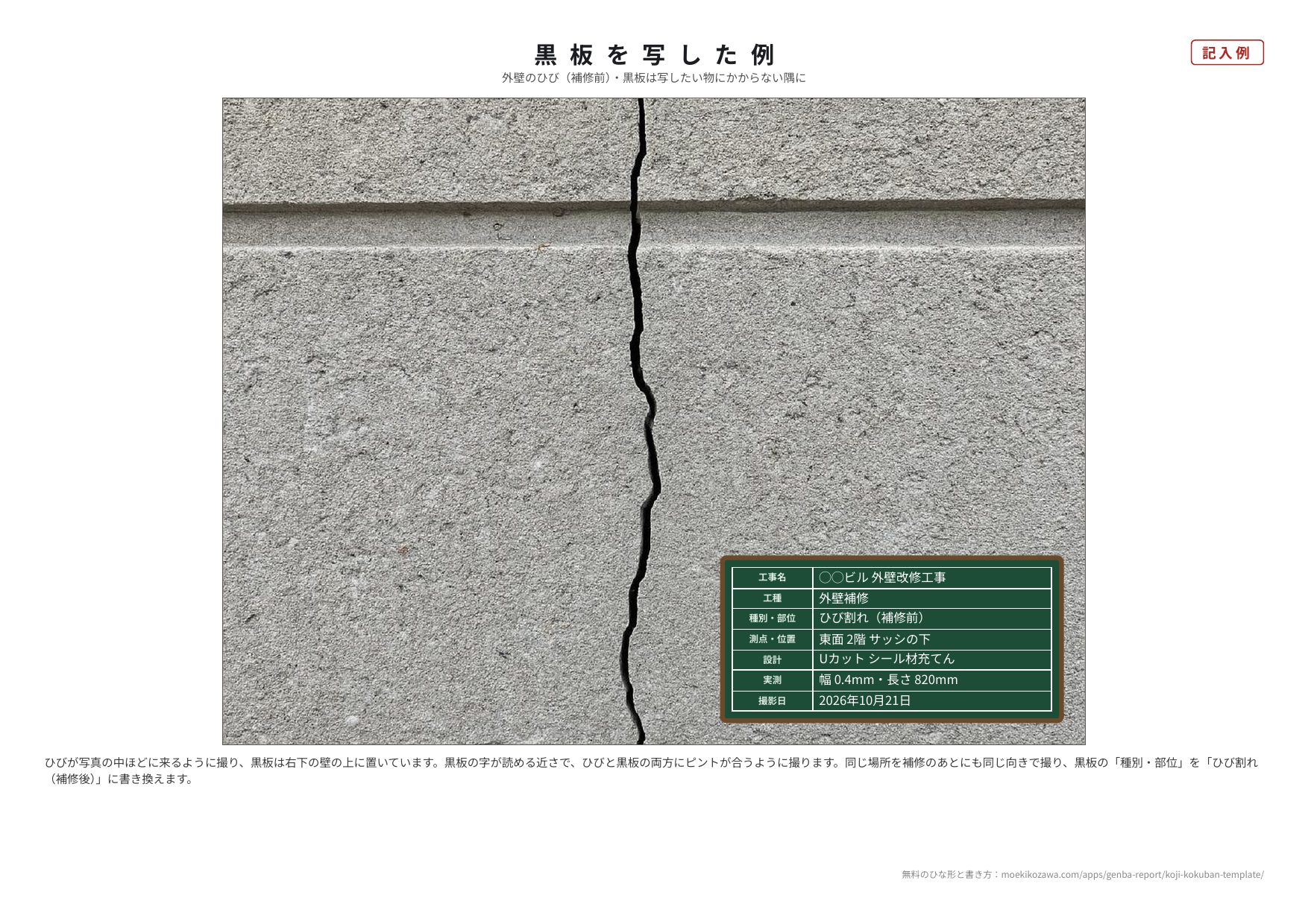 外壁のひびの写真の右下に、小さな工事黒板が写っている例。黒板には工事名・工種・種別と部位（ひび割れ 補修前）・測点と位置（東面 2階 サッシの下）・設計・実測（幅0.4mm・長さ820mm）・撮影日が書いてある。ひびは写真の中ほどにあり、黒板はひびにかかっていない