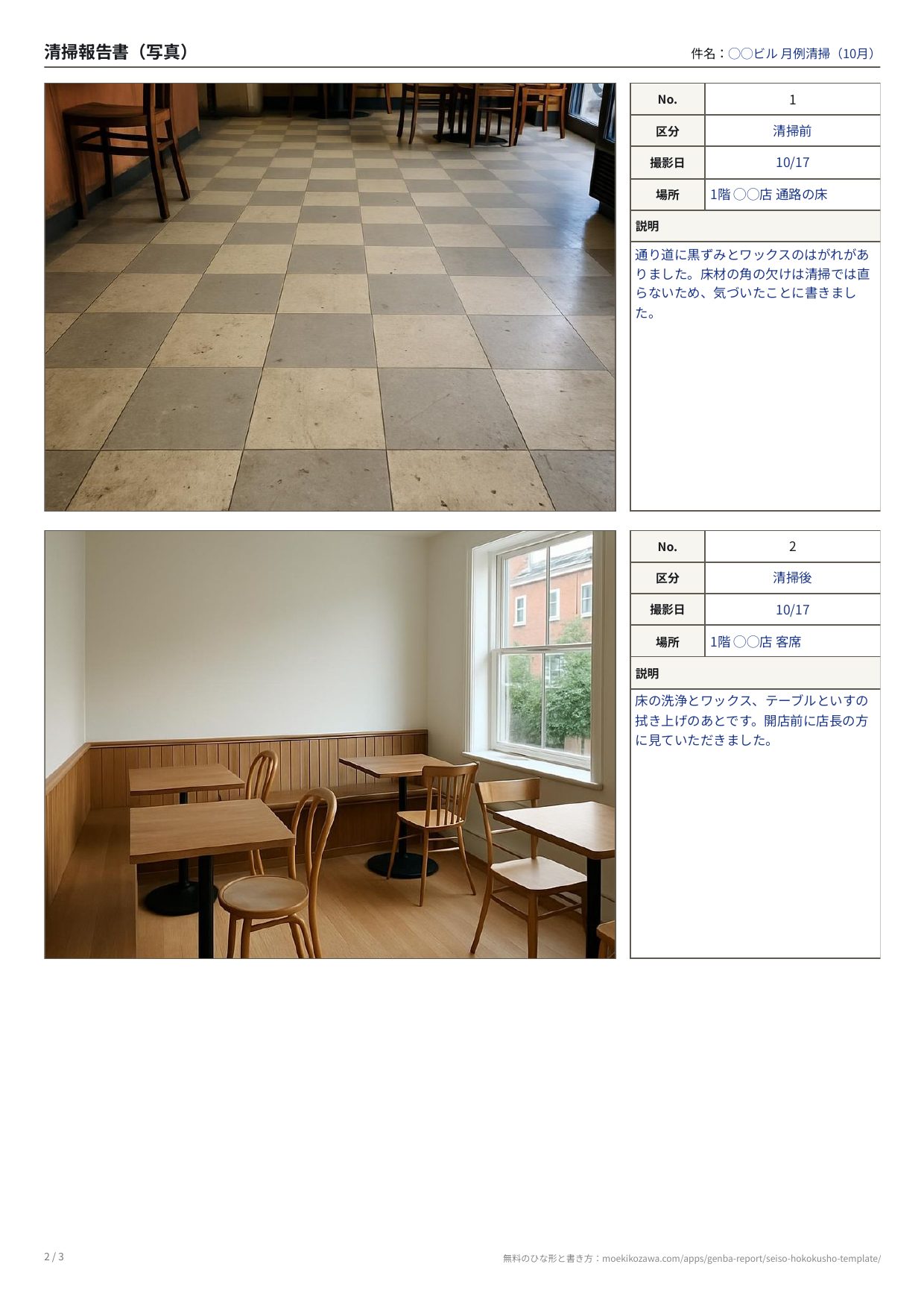 清掃報告書の記入例の写真のページ。左に写真、右にNo.・区分・撮影日・場所・説明の欄が並ぶ枠が縦に2つ。上は黒ずんだタイルの床の写真に「清掃前」、下はテーブルといすの並ぶ客席の写真に「清掃後」と書いてある