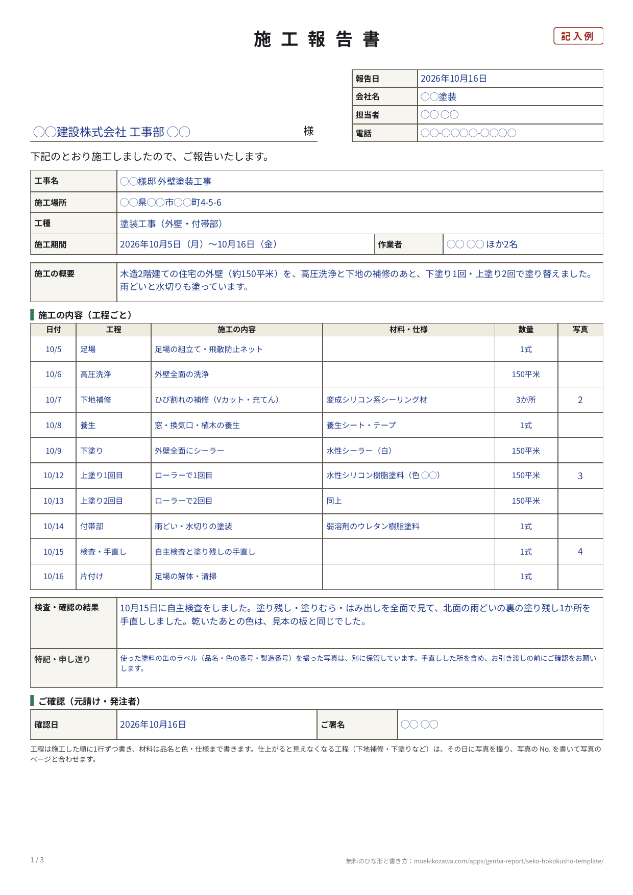 施工報告書の記入例の1枚目。宛先と報告日・会社名・担当者・電話の欄、工事名・施工場所・工種・施工期間・作業者・施工の概要の下に、日付・工程・施工の内容・材料と仕様・数量・写真の表が10行、その下に検査・確認の結果、特記・申し送り、元請け・発注者のご確認の欄が並ぶ