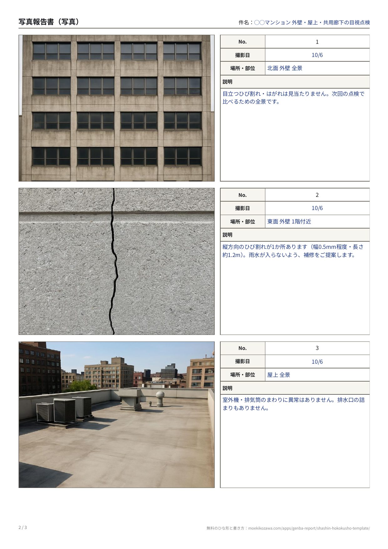 写真報告書の記入例の写真のページ。左に写真、右にNo.・撮影日・場所・部位・説明の欄が並ぶ枠が縦に3つ。北面の外壁の全景、東面の外壁のひび割れ、屋上の全景の写真に、それぞれ説明が書いてある
