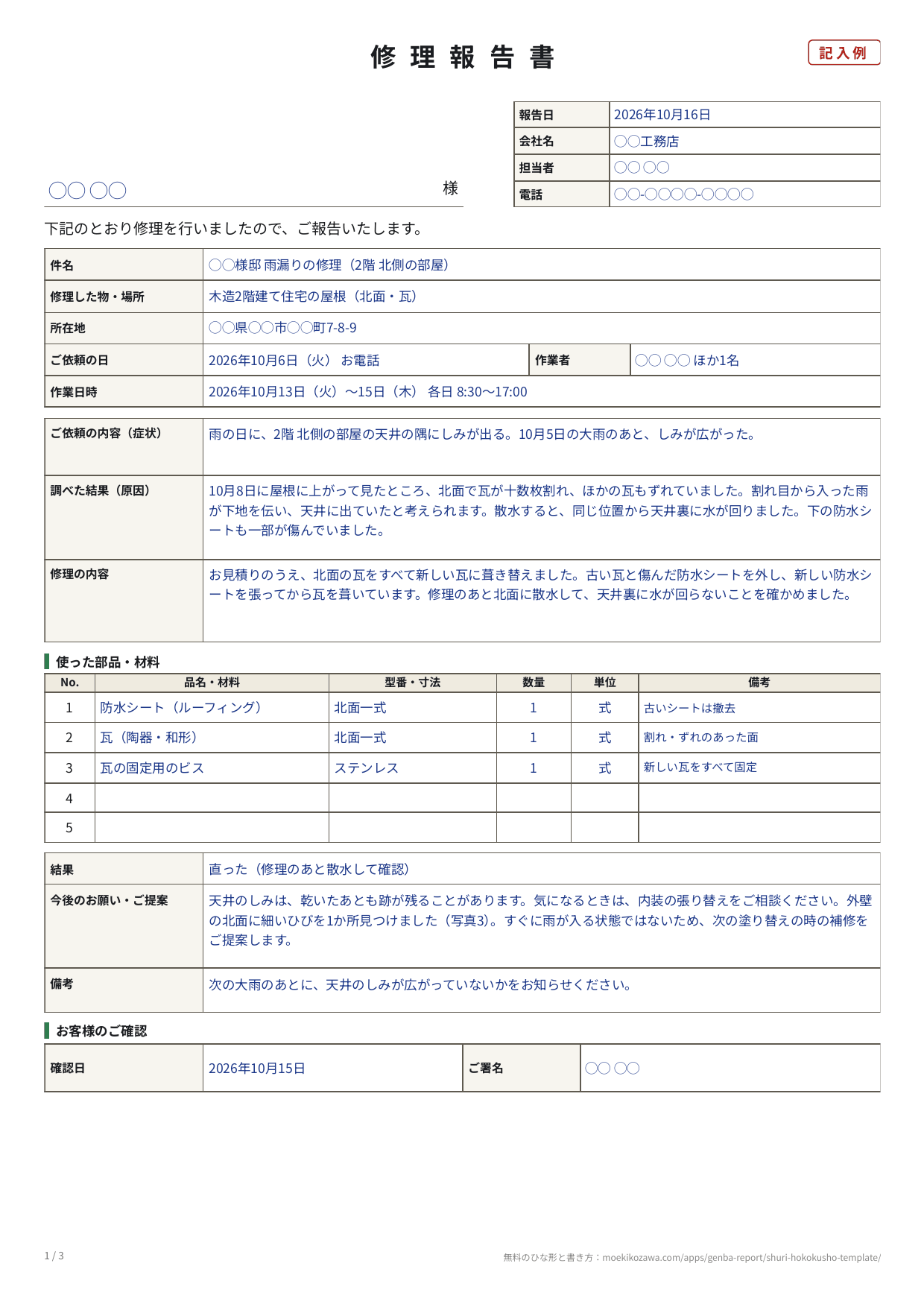 修理報告書の記入例の1枚目。宛先と報告日・会社名・担当者・電話、件名・修理した物と場所・所在地・ご依頼の日・作業者・作業日時の欄の下に、ご依頼の内容（症状）・調べた結果（原因）・修理の内容の欄、使った部品と材料の表、結果・今後のお願いとご提案・備考、お客様のご確認の欄が並ぶ