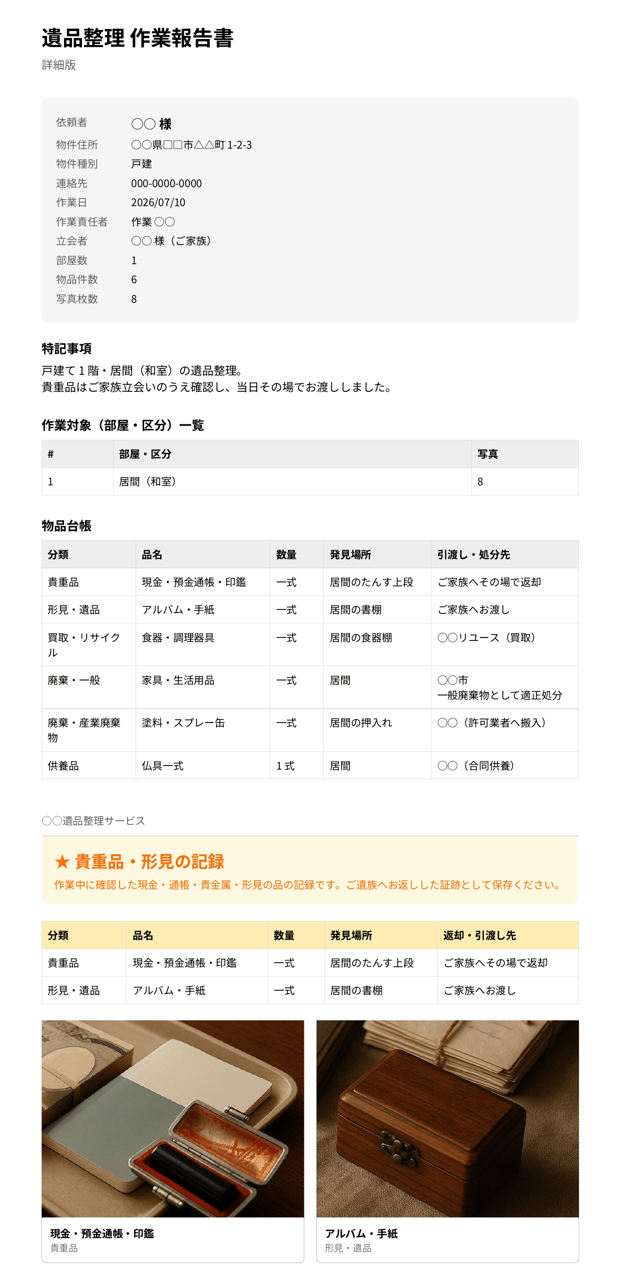遺品整理レポートで作った作業報告書のPDF。表紙に依頼者○○様、物件住所、物件種別は戸建、作業日2026年7月10日、作業責任者、立会者○○様（ご家族）、部屋数1、物品件数6、写真枚数8。特記事項に、戸建て1階・居間（和室）の遺品整理で貴重品はご家族立会いのうえ確認し当日その場でお渡ししたこと。物品台帳に、貴重品の現金・預金通帳・印鑑、形見・遺品のアルバム・手紙、買取・リサイクルの食器・調理器具、廃棄の家具・生活用品と塗料・スプレー缶、供養品の仏具一式と、発見場所と引渡し・処分先。その下にお客様控え版の貴重品・形見の記録のページと写真