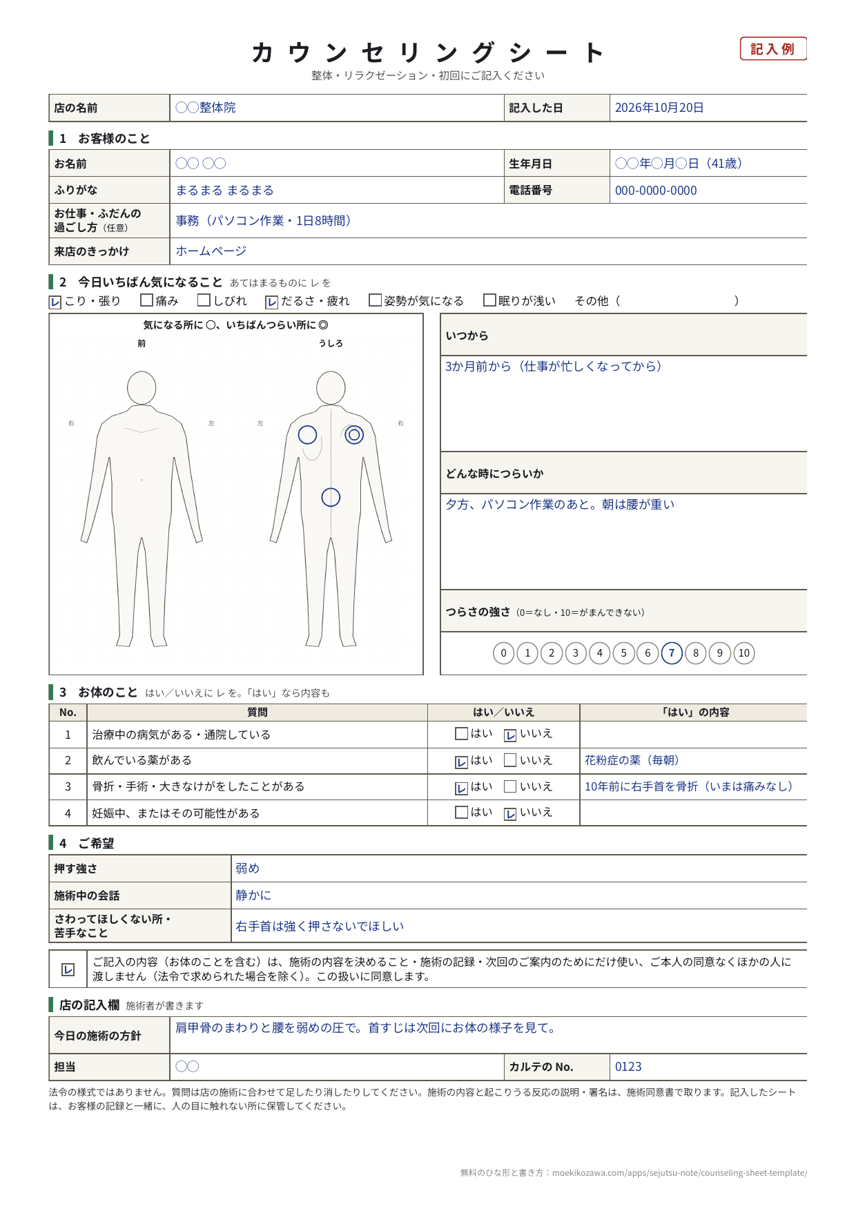 カウンセリングシート（整体・リラクゼーション）の記入例。お客様のこと、気になること（こり・張りとだるさにレ点）、人体図のうしろの両肩と腰に丸・右肩に二重丸、いつから・どんな時につらいか、つらさの強さ7、お体のこと4問、ご希望、使いみちの確認、店の記入欄
