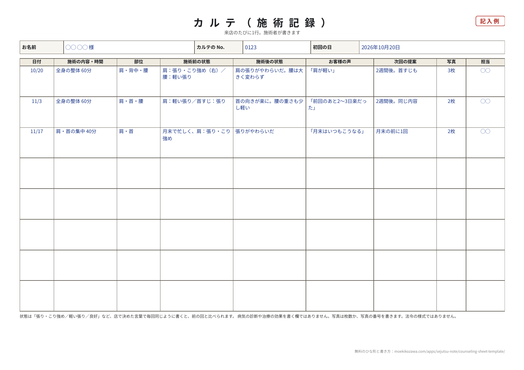 カルテ（施術記録）の記入例。10月20日・11月3日・11月17日の3回分に、施術の内容と時間、部位、施術前の状態、施術後の状態、お客様の声、次回の提案、写真の枚数、担当
