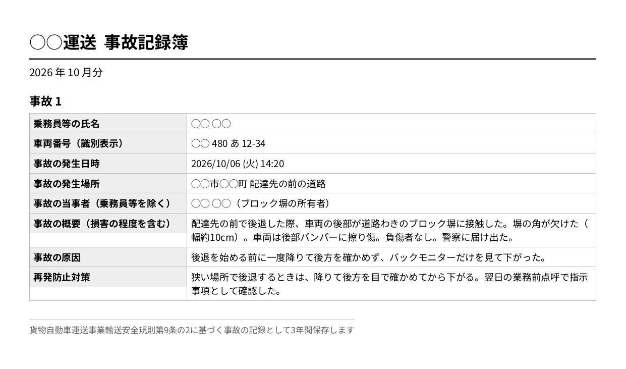 運転日報アプリで作った事故記録簿のPDF。2026年10月分・事故1の表に、乗務員等の氏名・車両番号（識別表示）・事故の発生日時・発生場所・当事者（乗務員等を除く）・事故の概要（損害の程度を含む）・事故の原因・再発防止対策が並び、下に「貨物自動車運送事業輸送安全規則第9条の2に基づく事故の記録として3年間保存します」とある