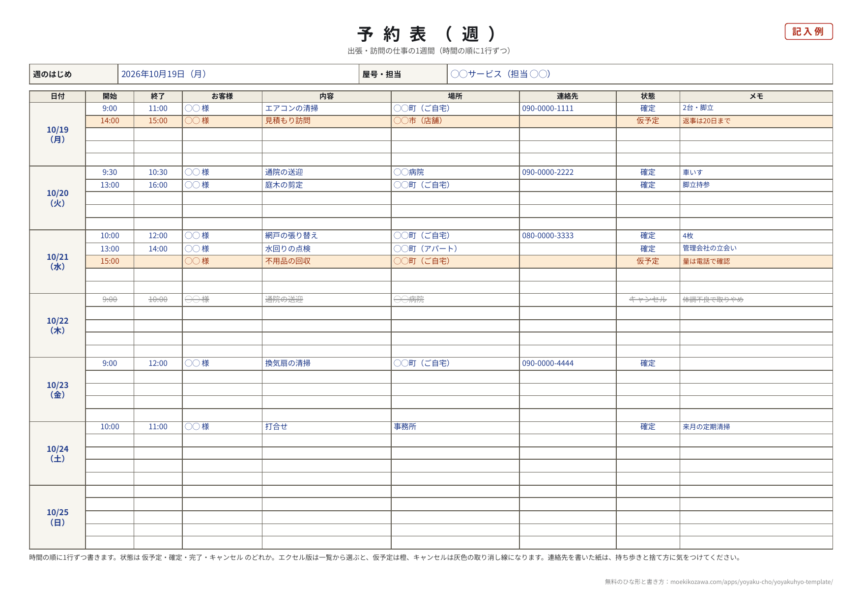 週の予約表の記入例。10月19日（月）から25日（日）までの7日を縦に並べ、1日5行に開始・終了・お客様・内容・場所・連絡先・状態・メモを書いた表。仮予定の行は橙の地、22日のキャンセルの行は取り消し線